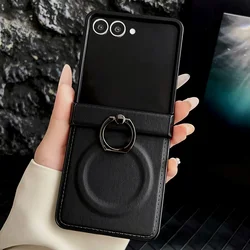 Elegant Artificial Leather Phone Case with Magnetic Ring Holder and Stand - Shockproof Solid Color Back Cover - ZFlip5 (Black)