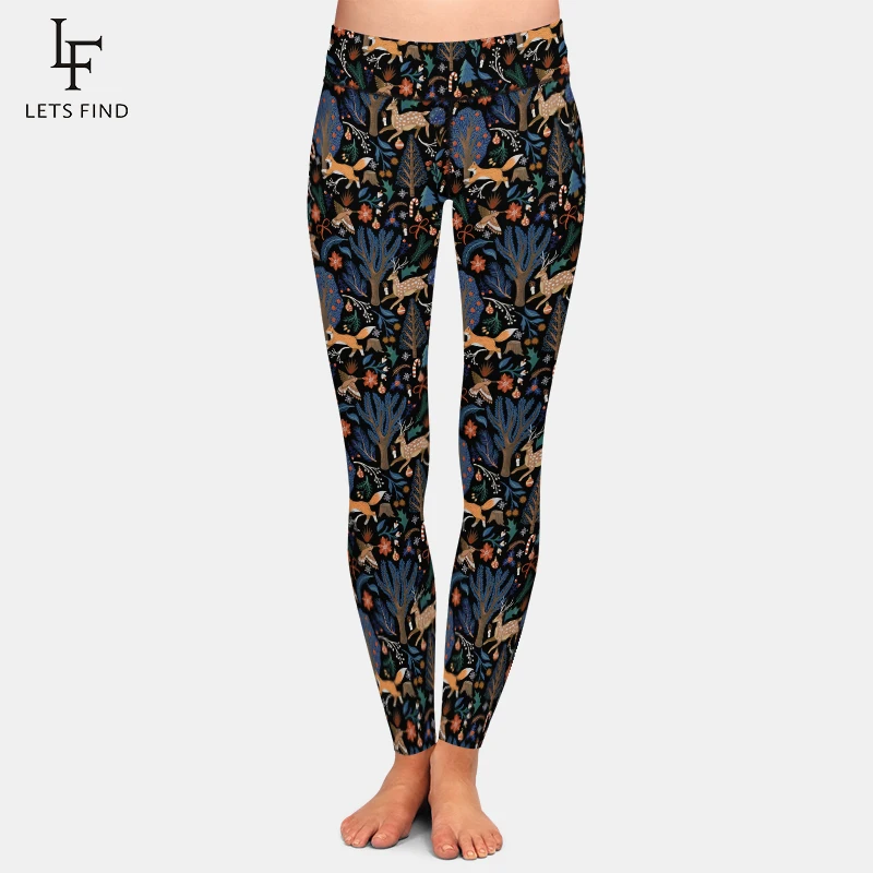

LETSFIND 3D Deer and Foxes In The Forest Print Women Warm High Waist Pant New Fitness Slim Soft Stretch Leggings