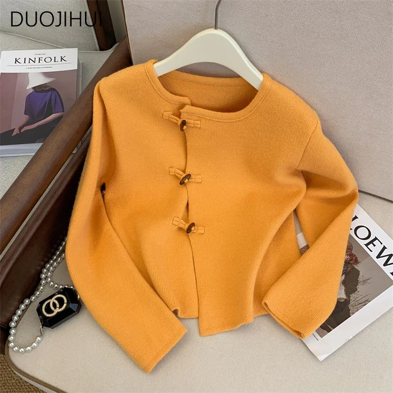 

DUOJIHUI Chinese Style Orange Loose Autumn Female Cardigan Basic O-neck Solid Color Fashion Button Simple Casual Women Cardigan