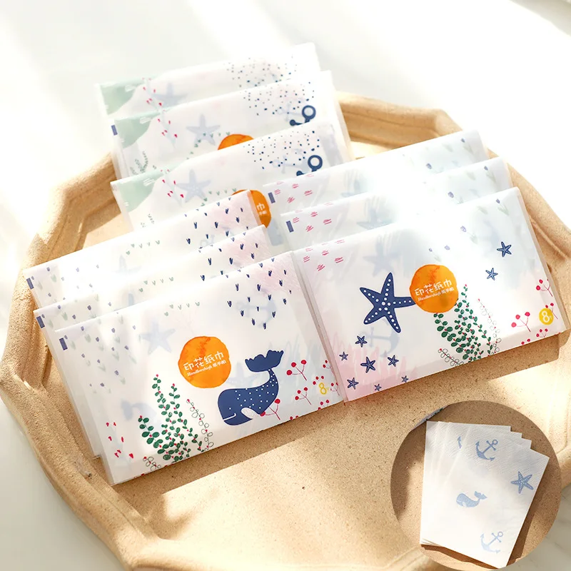 

9 Packs Printed Handkerchief Paper Cute Money Clip Portable Mini Napkin Cartoon Toilet Paper Outdoor Home Small Facial Tissues