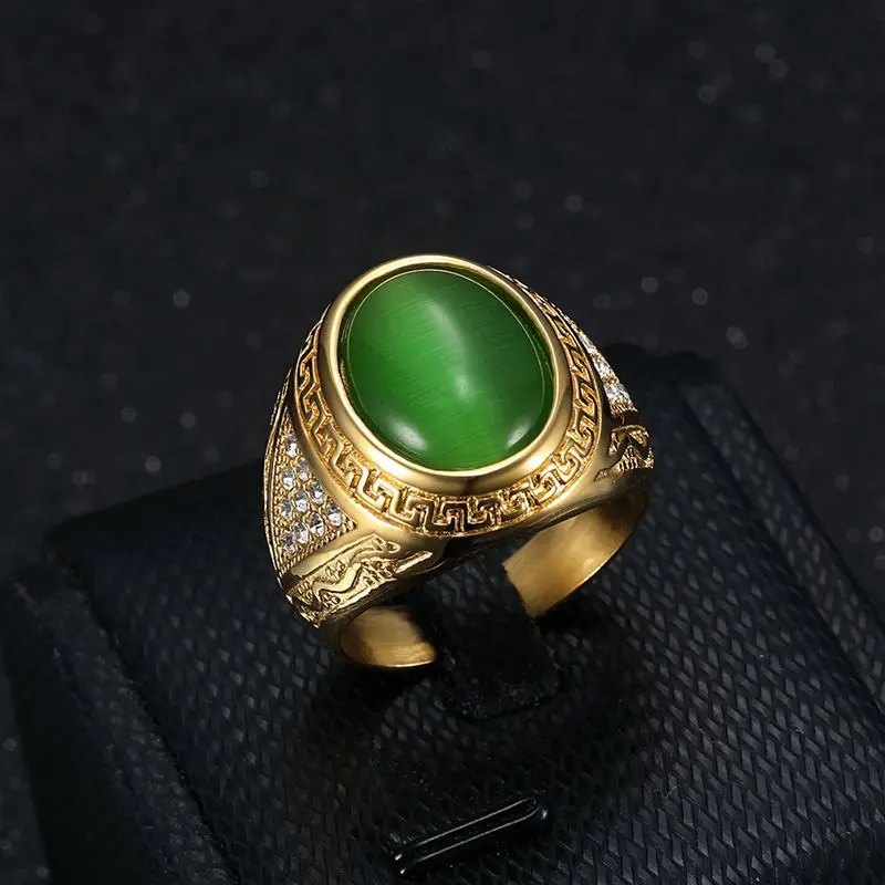 Mens Gold Plated Rings Black Stone Stainless Steel Punk Rings