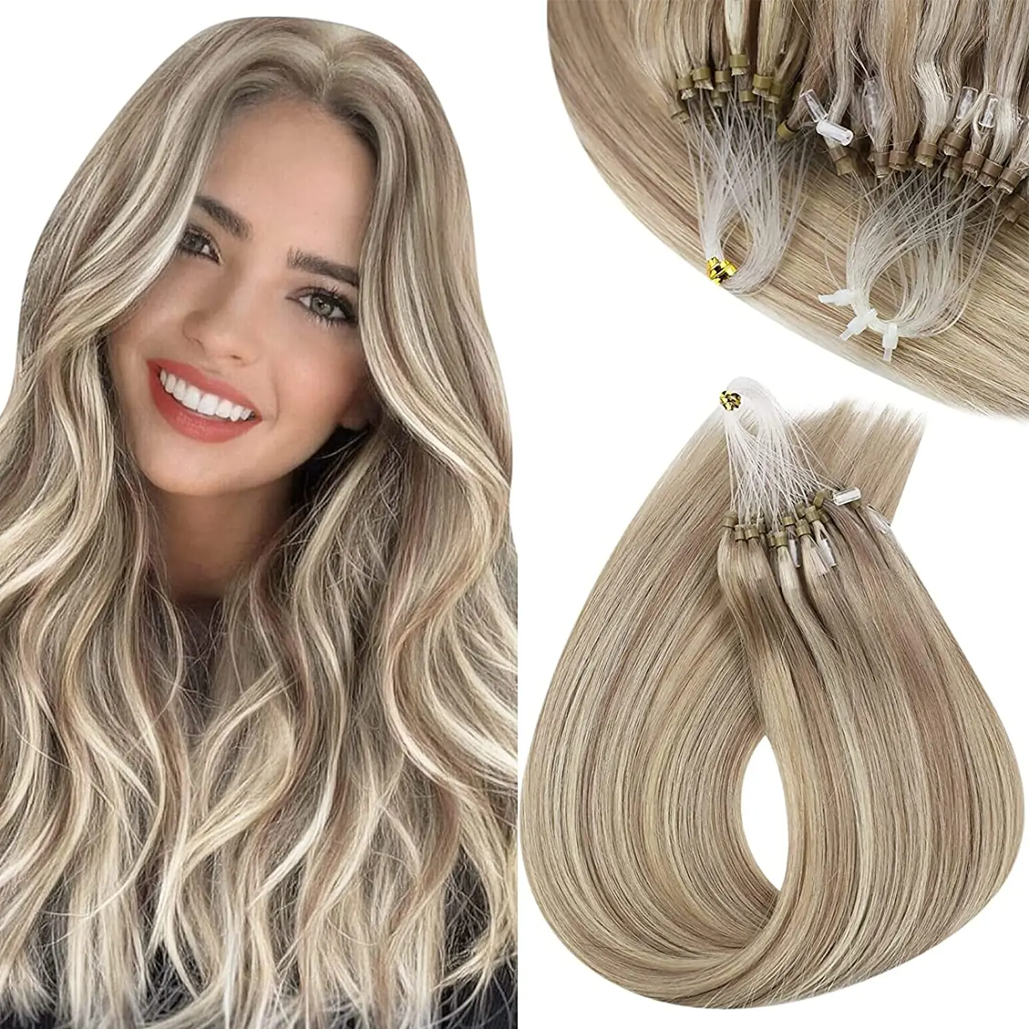 Blonde micro ring hair extensions real human hair cold fusion micro beads extensions 50g/50s silky straight