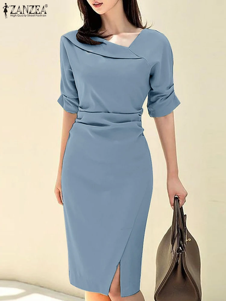 

ZANZEA Fashion Party Slim Dress Summer Half Sleeve V-Neck Split Hem Vestido OL Work Dresses Woman Casual Bodycorn Sundress 2023