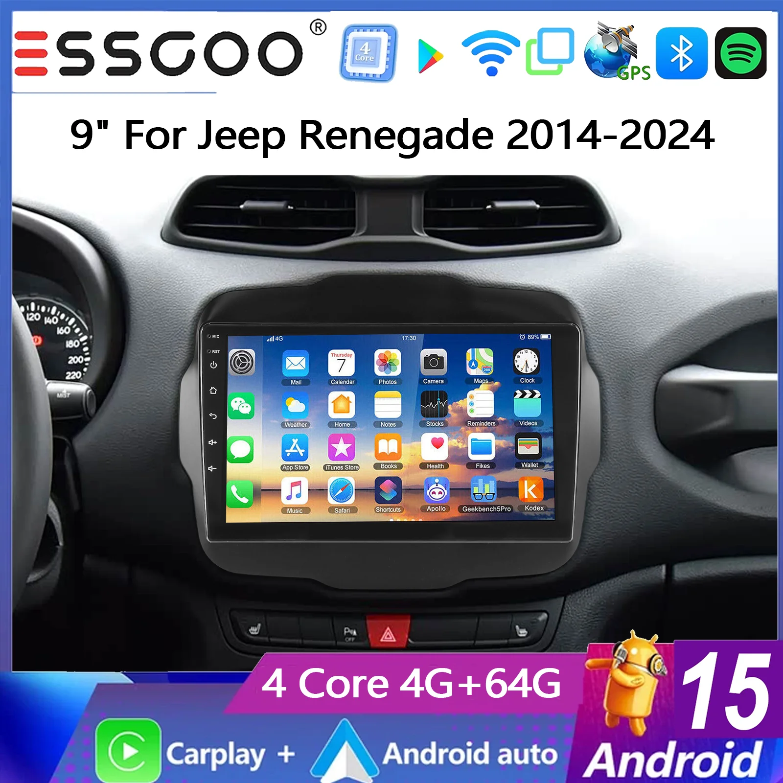 ESSGOO Radio Multimedia para Auto con Pantalla Táctil IPS de 9 Pulgadas, Android 15, Carplay y Android Auto Inalámbricos, GPS, Navegación, 4+64G, FM, Bluetooth, RDS, SWC, Wifi, ASP, Mirror Link, Reproductor de Video, para Jeep Renegade 2014-2024 1
