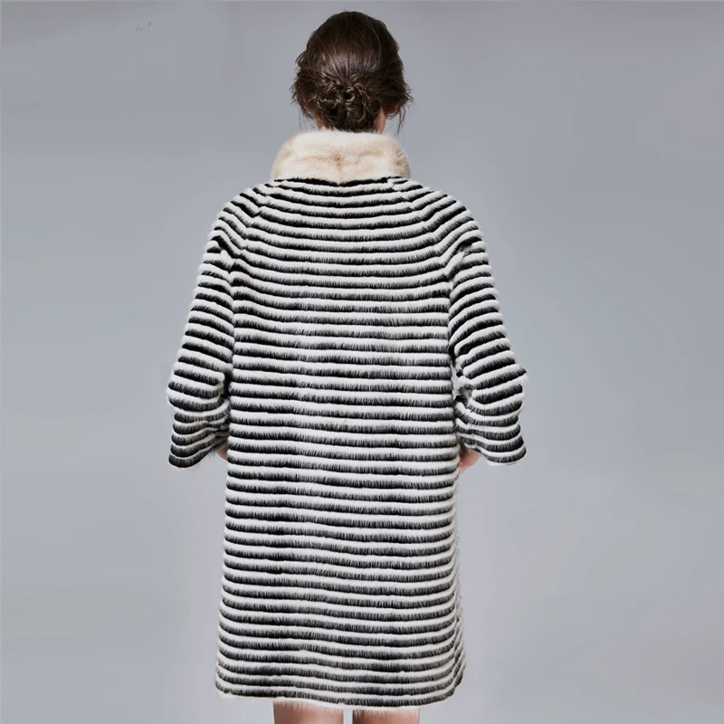 Hot Sale Faux Mink Rabbit Fur Coat Long Casual Soft And Comfortable Standing Collar Striped Ladies Coat