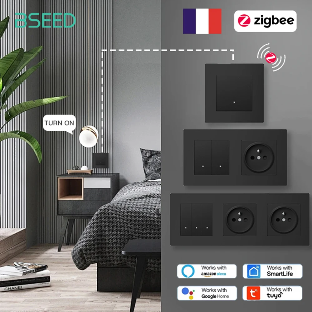 สวิตช์ไฟแบบกดติดผนัง BSEED Zigbee ควบคุมผ่านแอป Tuya Smart Life พร้อมเต้ารับไฟฟ้าแบบฝรั่งเศส ดีไซน์เรียบง่าย กรอบสีดำด้าน 1