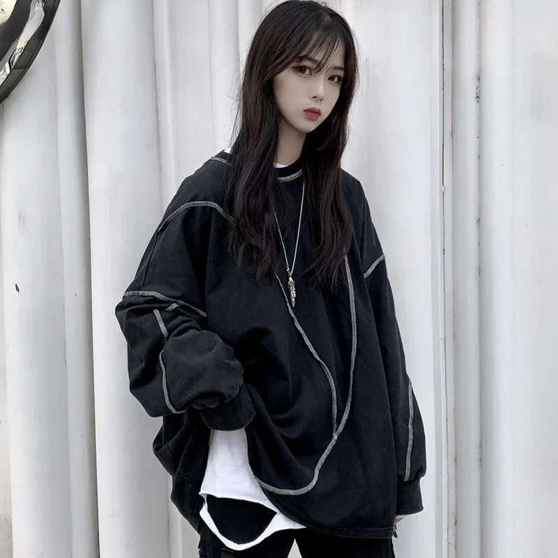 

No Hat Hoodies Harajuku BF Style Black Hip-hop Chic Teens Sweatshirts Autumn Trendy All-match Daily Simple Womens Streetwear New