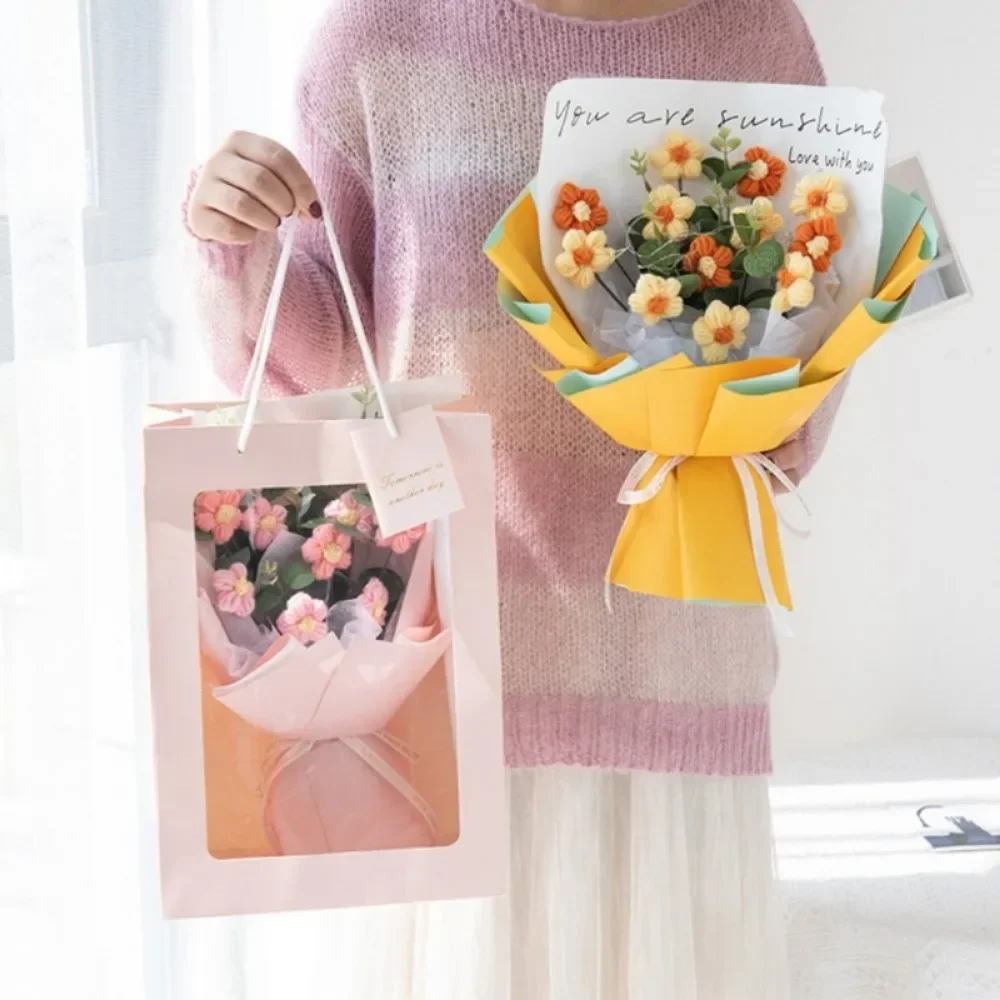 1pc Crochet Flowers Bouquet Finished Graduation Flower Bouquet With Gift Bag Led Lamp String Festival Decoration Handmade Gifts