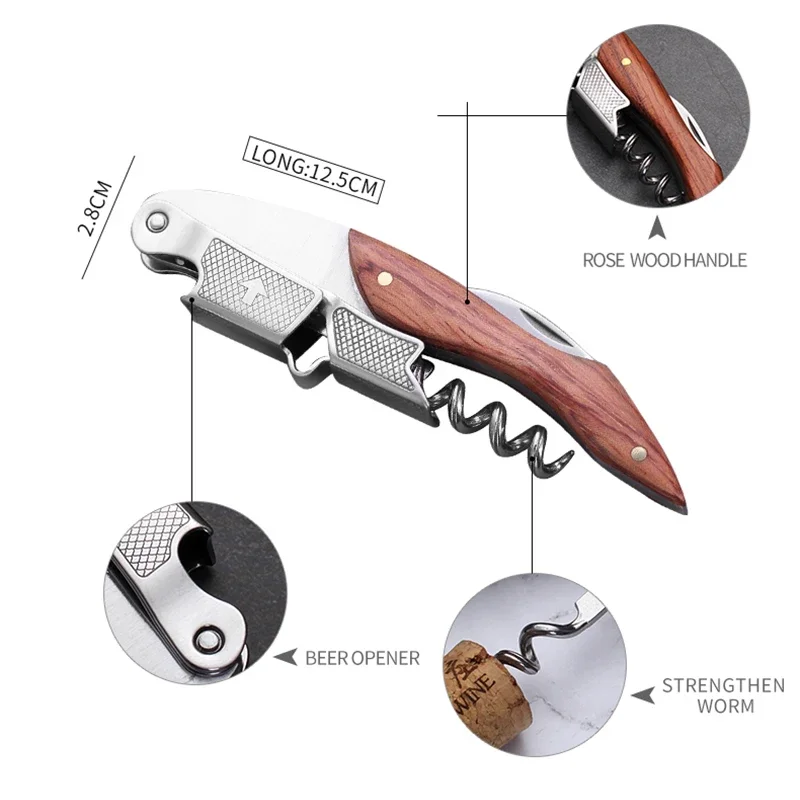 Stainless Steel Wine Corkscrew Wood Handle Wine Opener Beer Bottle Opener Professional Corkscrew Portable Multifunction Opener