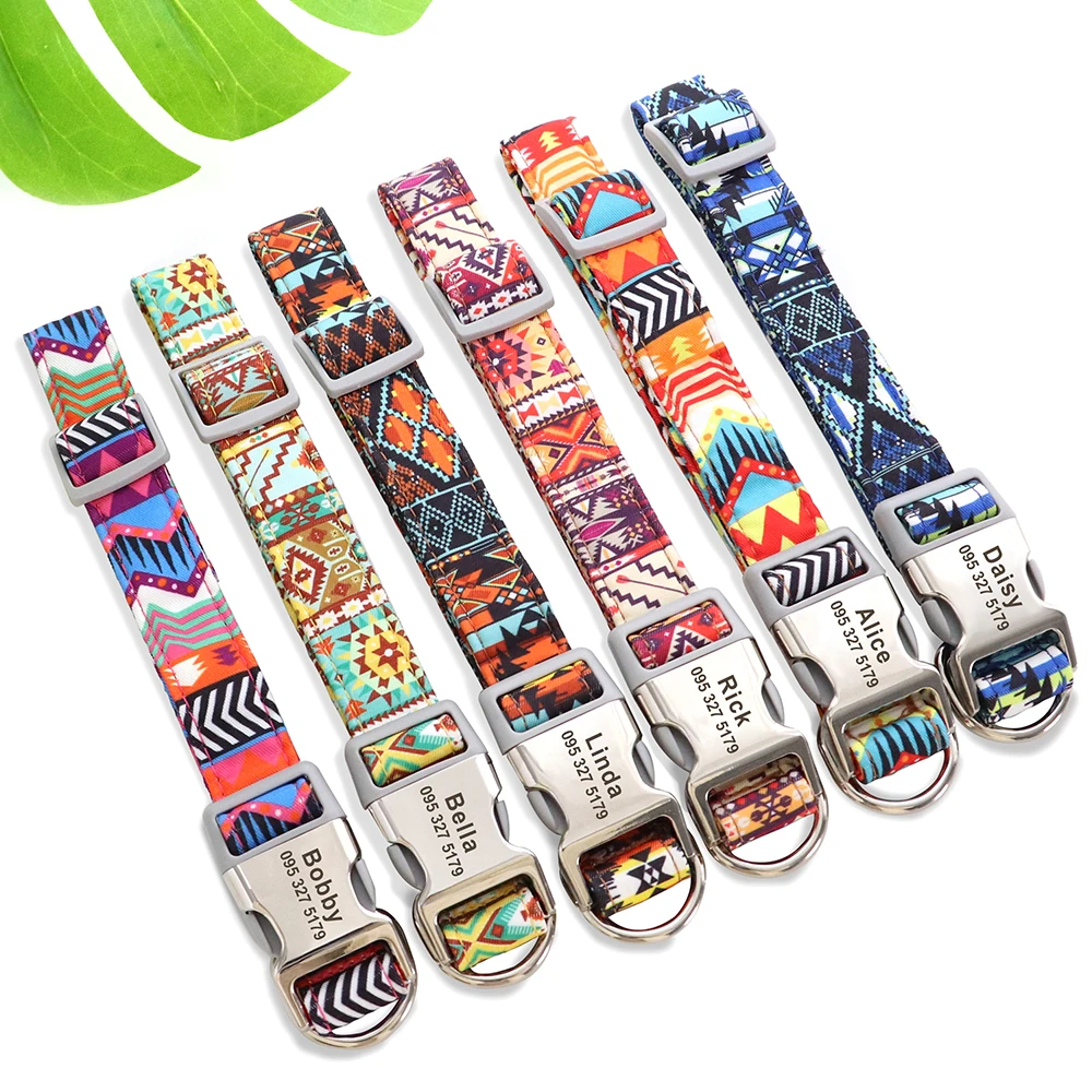 Custom Engraved Dog Collar Accessories Personalized Nylon Printed Pet Collar Adjustable Puppy Cat ID Collar For Small Large Dogs