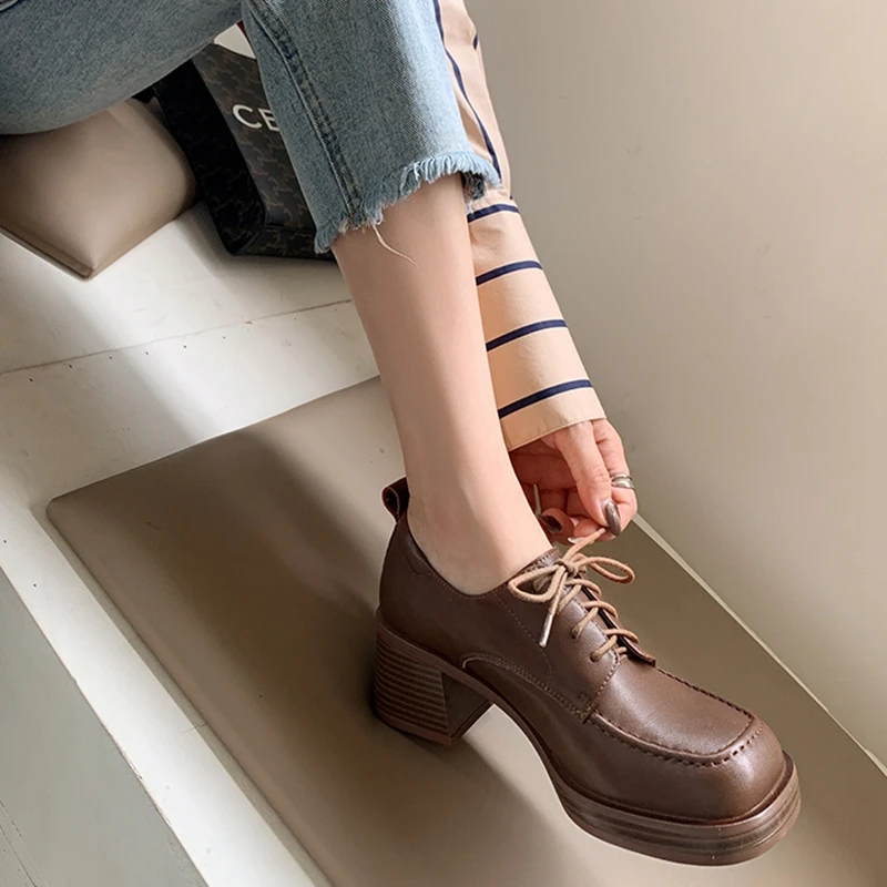 

Women's New Spring and Autumn Retro Square Head Genuine Leather Cowhide Lace up High Heel Large Oxford Single Shoes