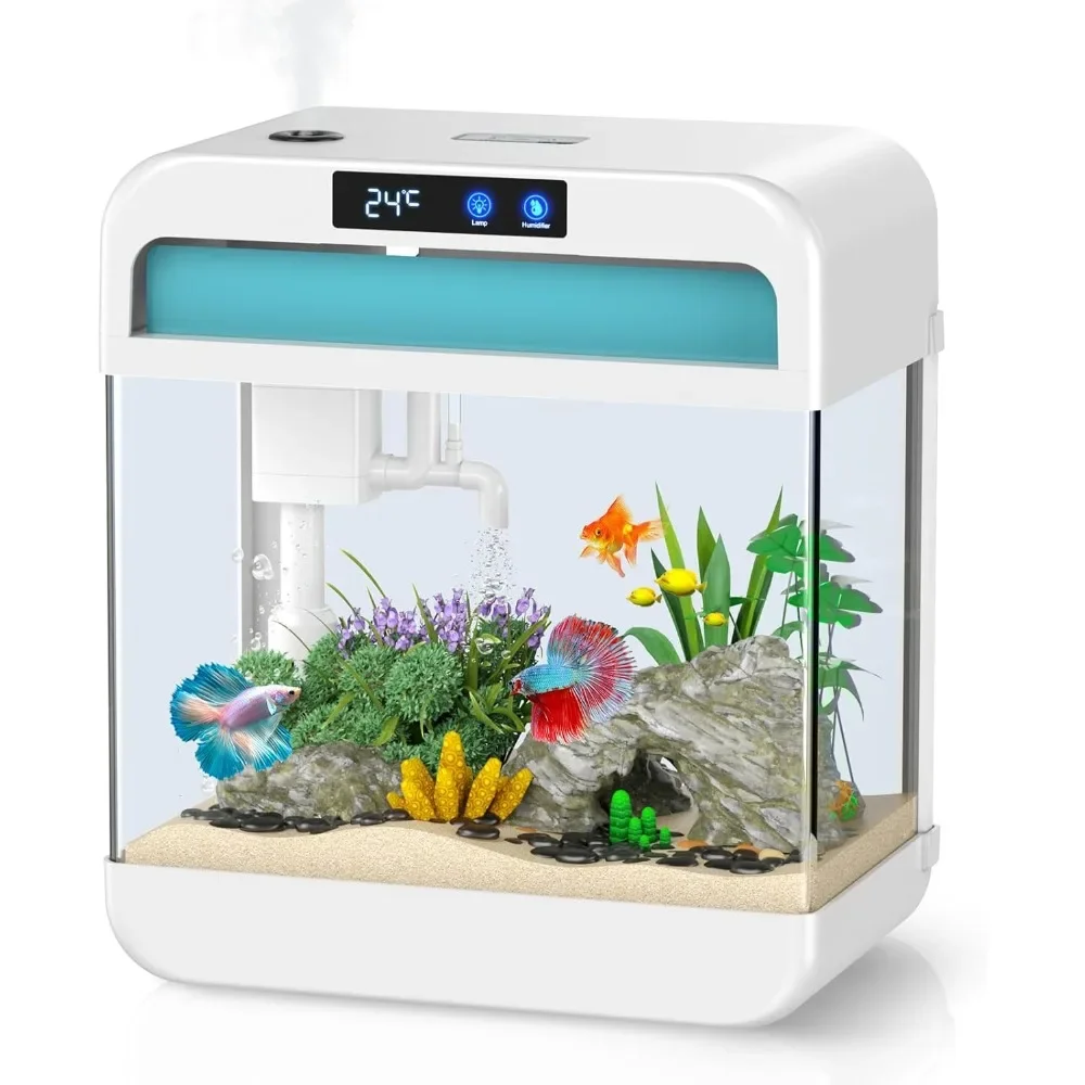 Fish Tank Aquarium 2.2 Gallon with Humidifier 7 Color Auto-Looping Light Self Cleaning 3 in 1 Pump with Filteration & Oxygenatio 1