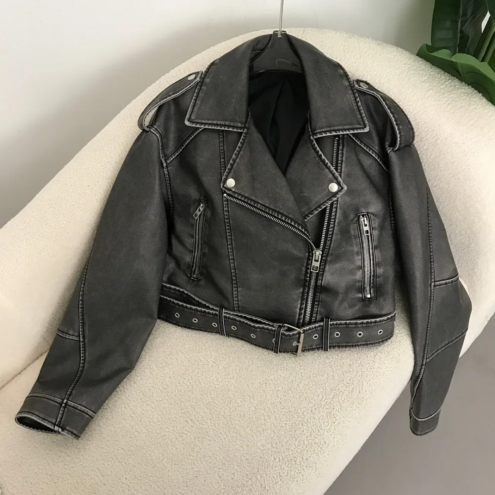 New Spring Woman Faux Leather Jacket Chic Vintage American street wear Short Lapel Zipper Belt Biker Coats Fashion Streetwear 2