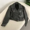 New Spring Woman Faux Leather Jacket Chic Vintage American street wear Short Lapel Zipper Belt Biker Coats Fashion Streetwear 2