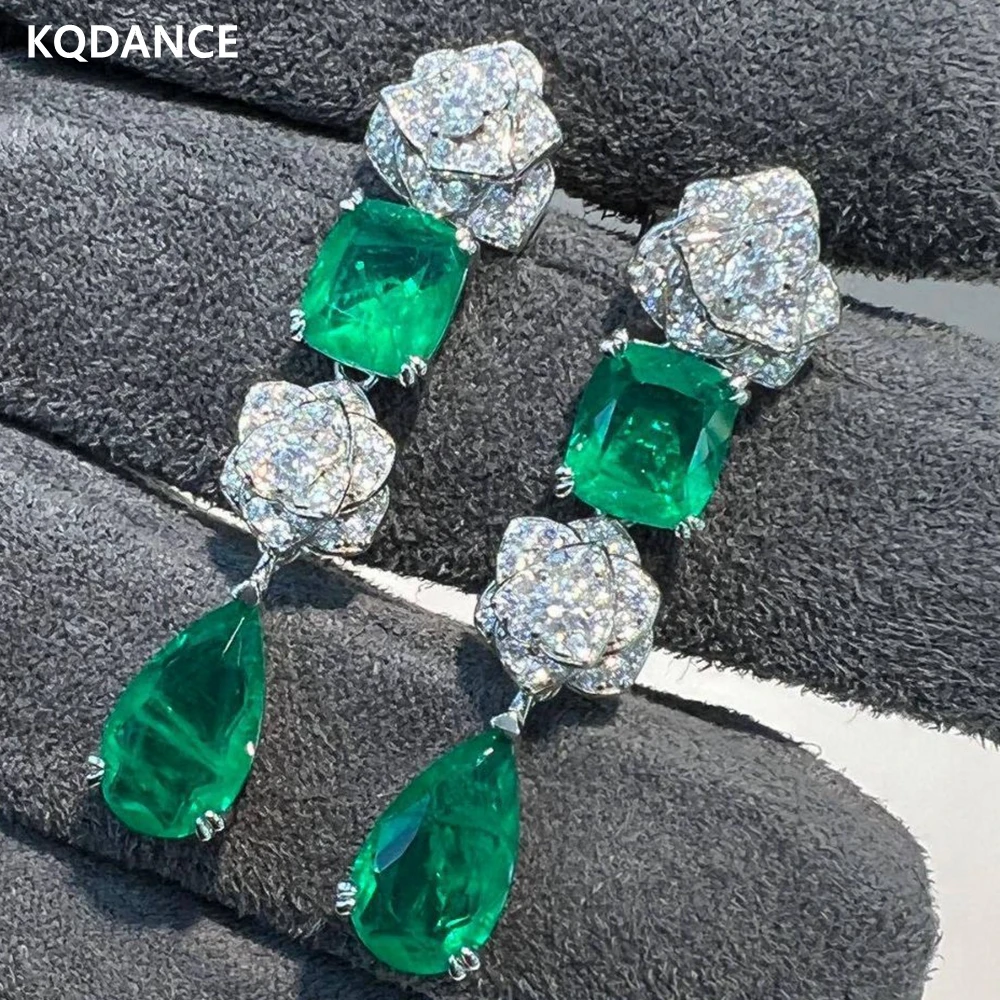 

KQDANCE 925 Sterling Silver Emerald Green High Carbon Diamond Gemstone Flower Drop Dangle Earrings Fine Jewelry For Women