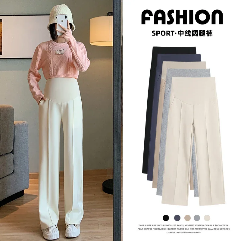 828# Autumn Dense Maternity Long Straight Pants Wide Leg Loose Straight High Waist Belly Trousers for Pregnant Women Pregnancy