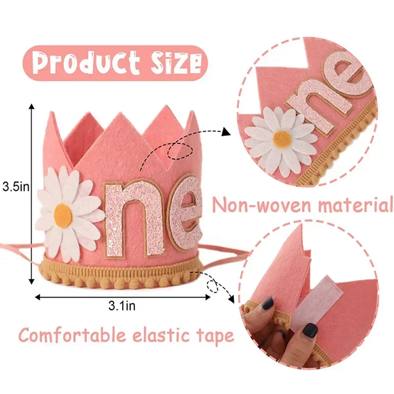 Pink Bow 1st Birthday Party Hat - Felt Crown For Baby Girl Cake Smash Photos
