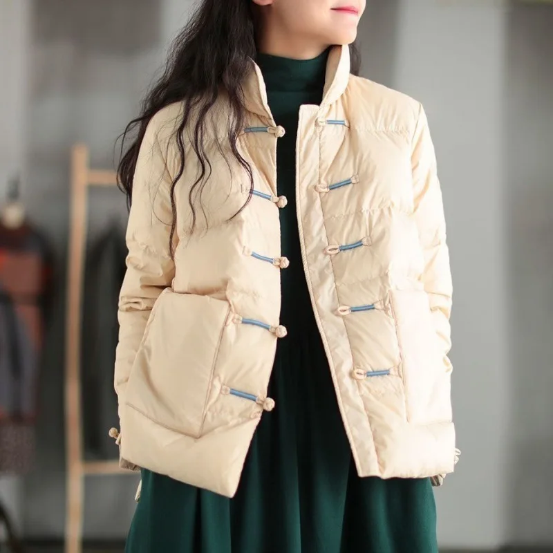

Winter Fashion Plus Size Women's Chinese Style Retro Disc Buckle Loose Thickened Collar Light Paragraph Down Cotton Coat Jacket