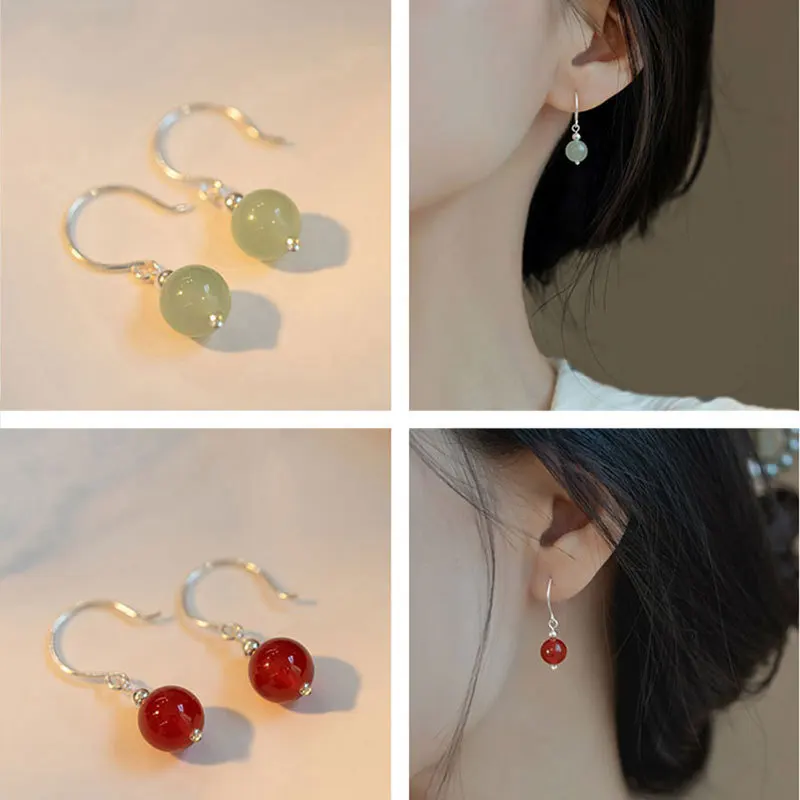 

Exquisite Green Jade Beads Earrings for Women Vintage Elegant Temperament Round Drop Chinese Charm Girl Gifts Daily Jewelry