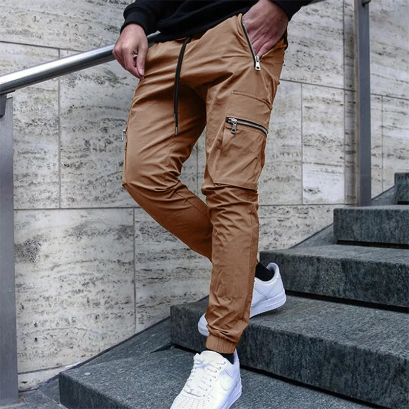 Multi pocket sports basketball zipper work pants small foot casual pants joggers men clothing