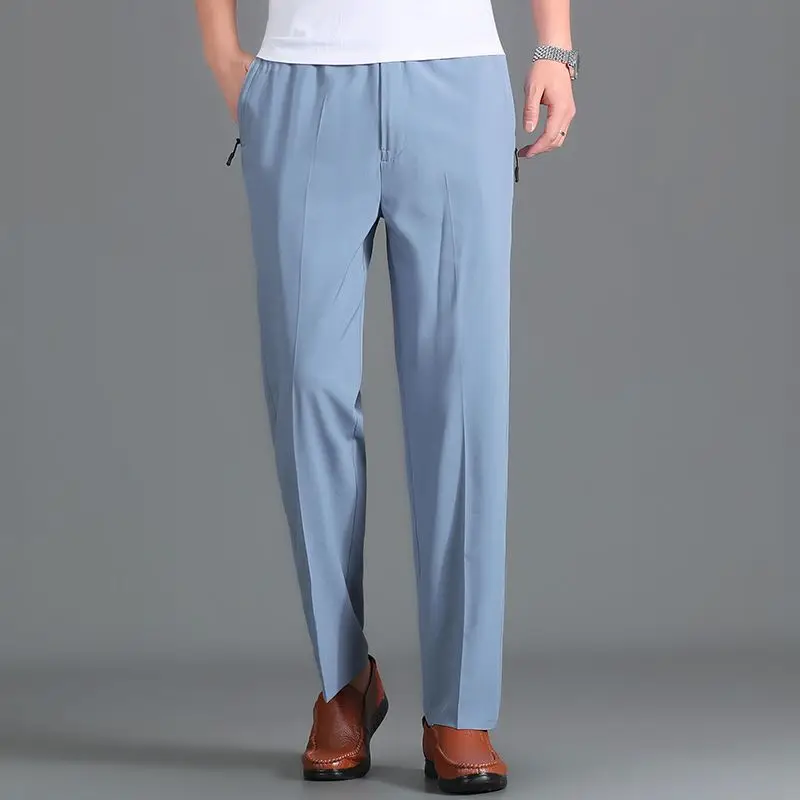Summer New Vintage Ice Silk Men Casual Straight Pants Solid Elastic Waist Button Patchwork Pockets Loose Versatile Thin Trousers