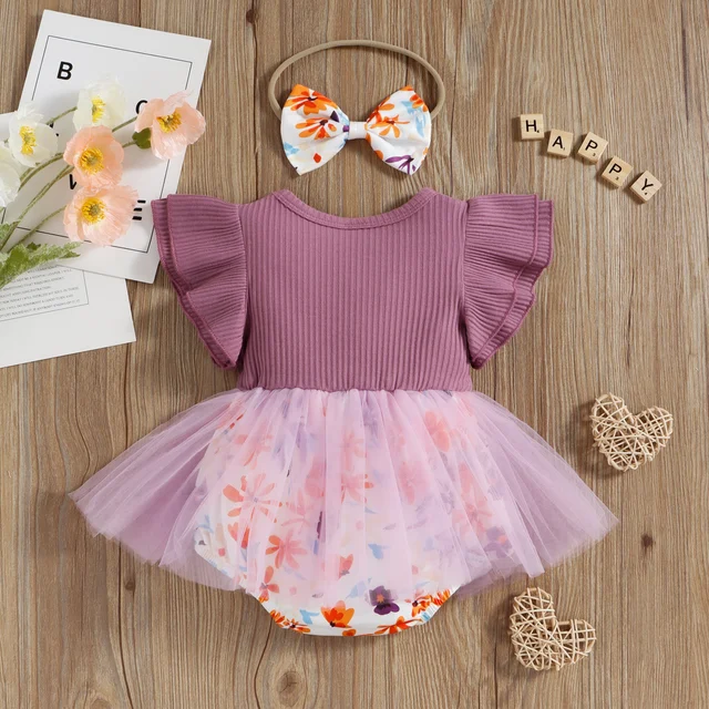 Infant Baby Girls Casual Romper Fly Sleeve Floral Printed Mesh Patchwork Cotton Rib Jumpsuits
