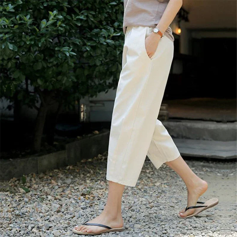 Summer New Elastic High Waist Loose Casual Harem Trousers Female Solid Color Calf Length All-match Cotton Pants Women's Clothing