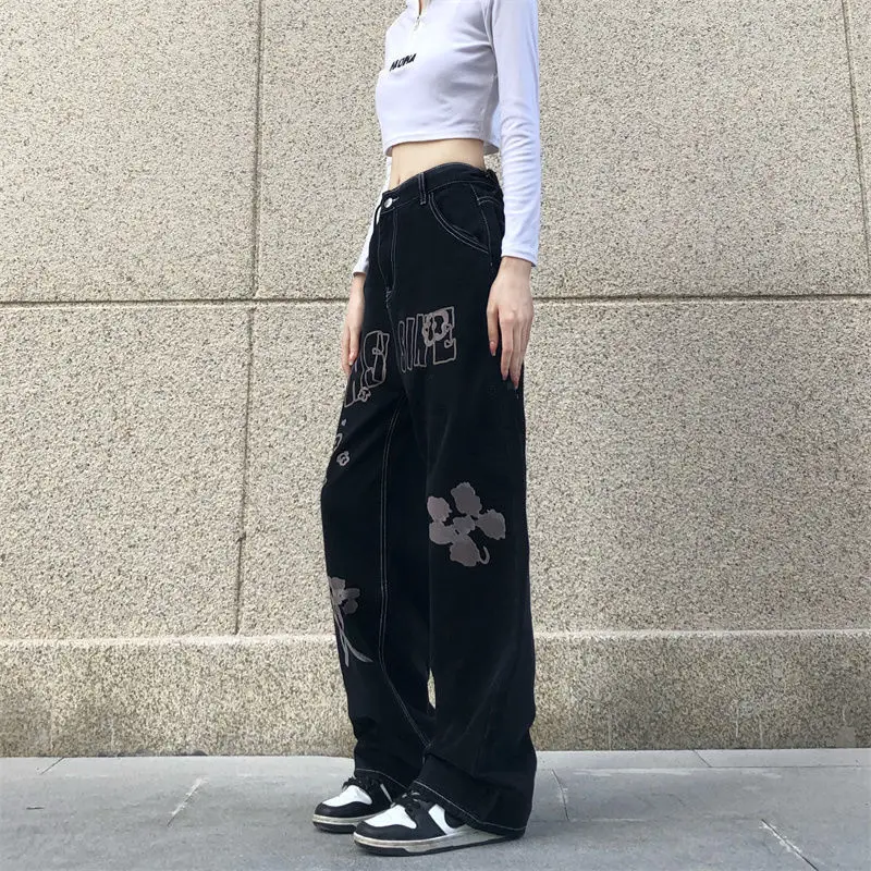 Streetwear Fashion Women Vintage Black Jeans High Waist Spring Autumn New Hip Hop Loose Straight Casual Wide Leg Trousers Female