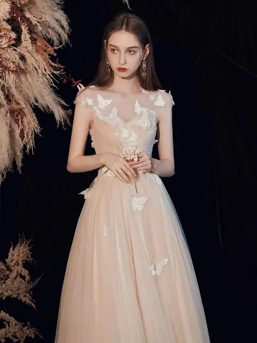 

Light Champagne Bridesmaid Dress A-Line Lace Applique Butterfly Floor Red Carpet Ceremony Wedding Party Evening Prom Gowns 2022