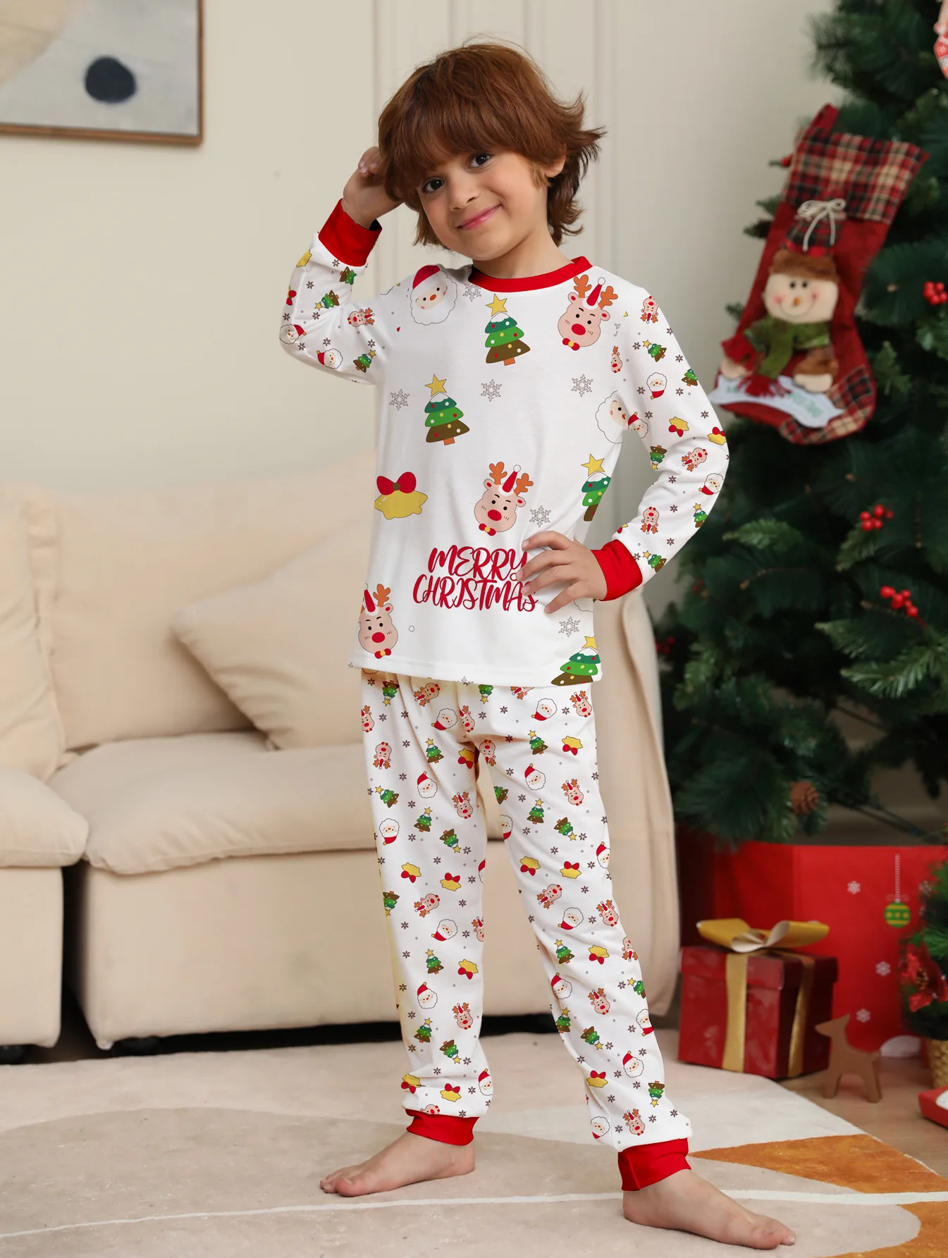 Xmas Family Pajamas Set Christmas Tree Print Casual Parent-child Matching Outfits  Baby Jumpsuit+Dog Clothes Xmas Sleepwear Look 5
