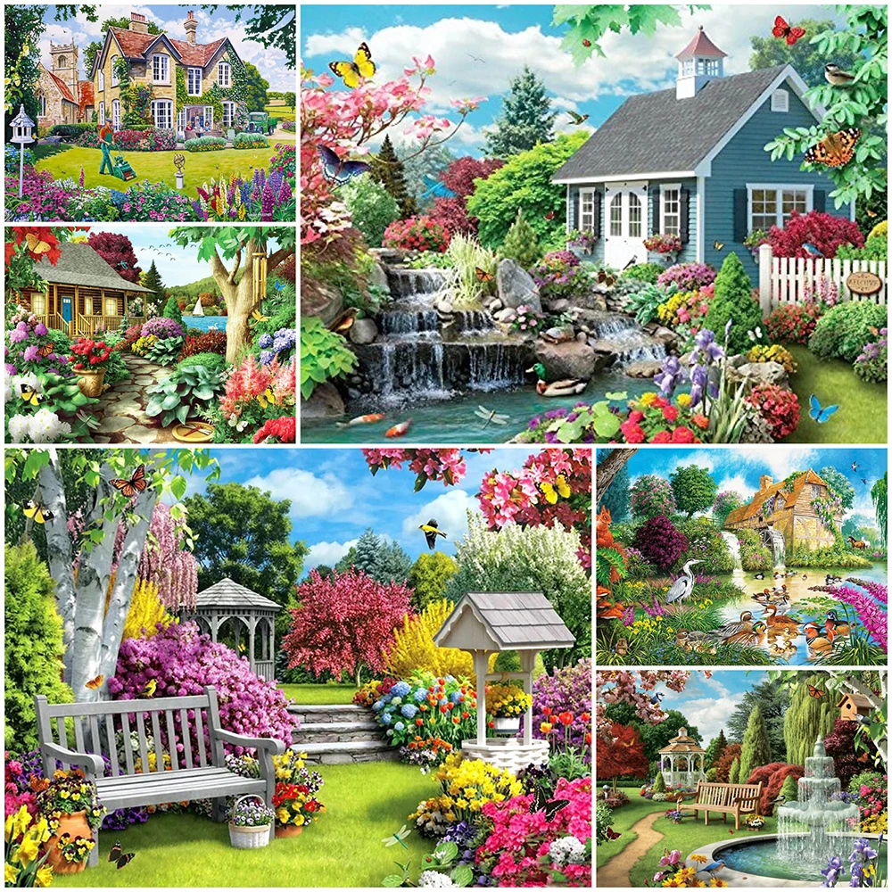 Full Square Round 5D DIY Diamond Painting Garden Scenery Diamond Embroidery House Cross Stitch Mosaic Craft Home Decor
