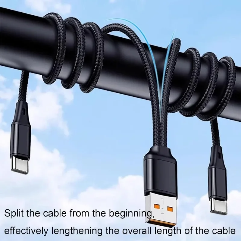 Dual USB-C Splitter Cable with 6A Fast Charging & High-Speed Data Transfer - Durable Nylon Cord Charger