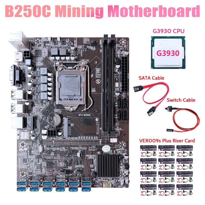 

B250C ETH Miner Motherboard+G3930 CPU+12XVER009S Plus Riser+SATA Cable+Switch Cable 12 USB3.0 GPU Slot LGA1151 For BTC