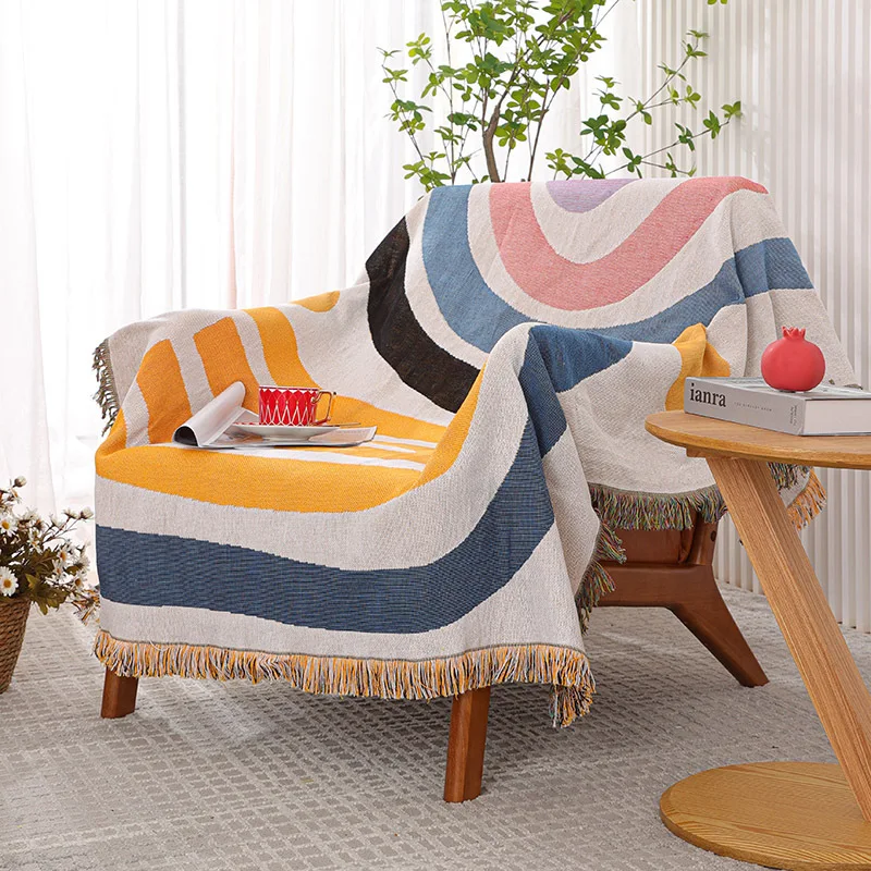 

Bohemian Sofa Blanket Tassel Double-Side Polyester Cotton Tapestry Boho Sofa Towel Outdoor Camping Blanket Decoration Sofa Cover