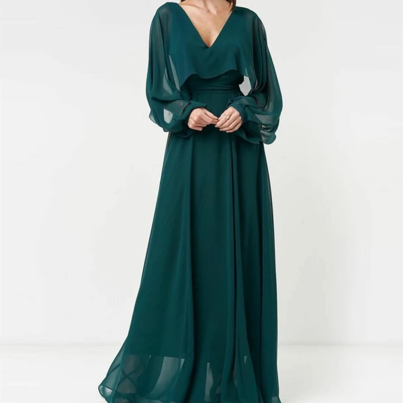 

Classic Long V-Neck Green Evening Desses A-Line Pleated حزب اللباس Floor Length V-Back Prom Dresses for Women