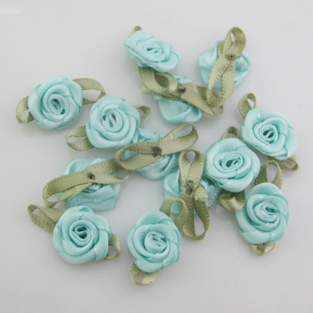 Vibrant Fabric Ribbon Rose Rosettes with Leaf - Set of 50 Flower Embellishments for DIY Crafts & Sewing Supplies