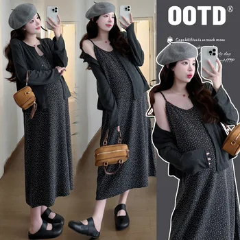 Maternity Suit Autumn New Style Korean Elegant Polka Dot Camisole Dress And Black Knitted Coat Two Piece Set Soft Comfortable