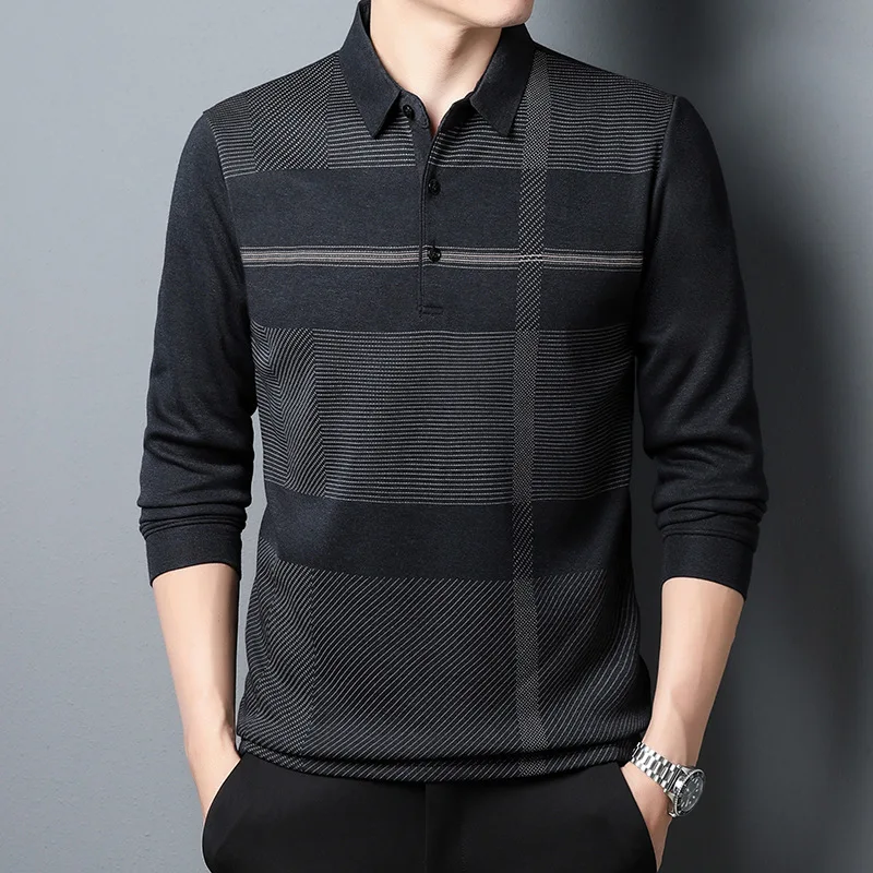 

Spring and Autumn New Men's Long-sleeved T-shirt Loose Casual Men's Striped Lapel Polo Shirt