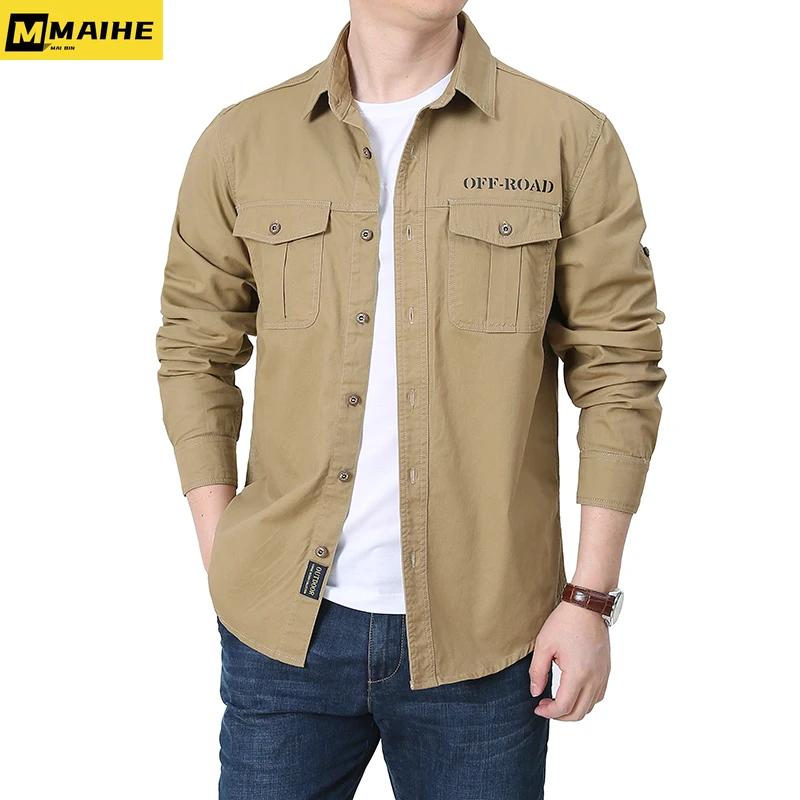Unisex shirt Autumn new cotton multi-pocket cargo long sleeve coat South Korean brand clothing outdoor backpack travel shirt men