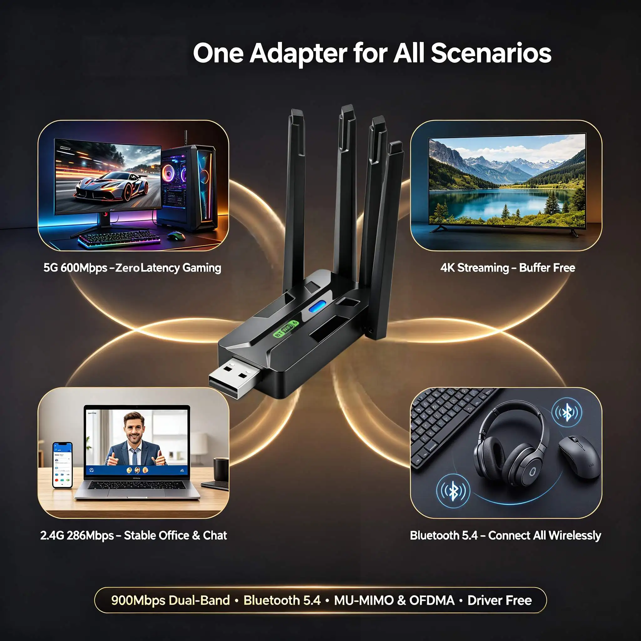AX900 Wi-Fi 6 USB 어댑터 블루투스 5.4 무선 네트워크 카드 900Mbps 듀얼 밴드 2.4G/5.8G WiFi 동글 - PC Win7/8/10/11용