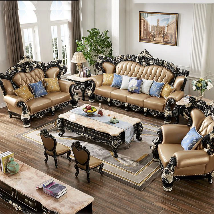 

ProCARE European Top Layer Cowhide Real Leather Sofa Double-Sided Carved Solid Wood Sofa Set Furniture Living Room