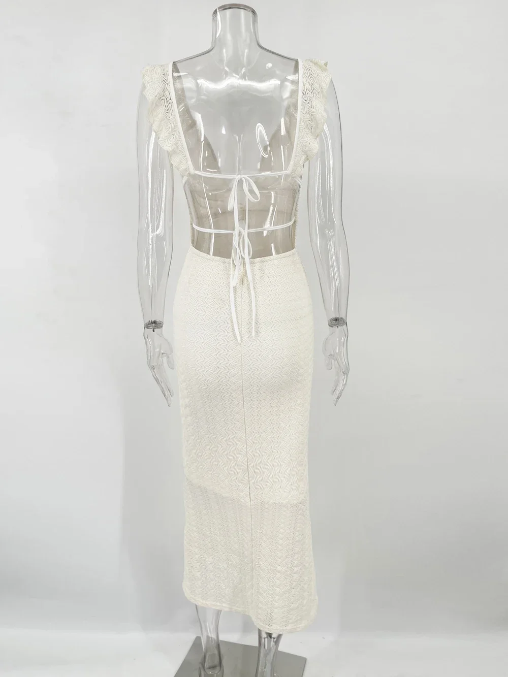 Knit V-Neck Fashion Maxi Dress Women's Slim High Waist See-Through Patchwork Bandage Backless Dress Female Knitwear Dress