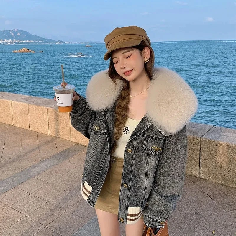 2025 New Womens Winter Coat Faux Fur Denim Jacket Women's Down