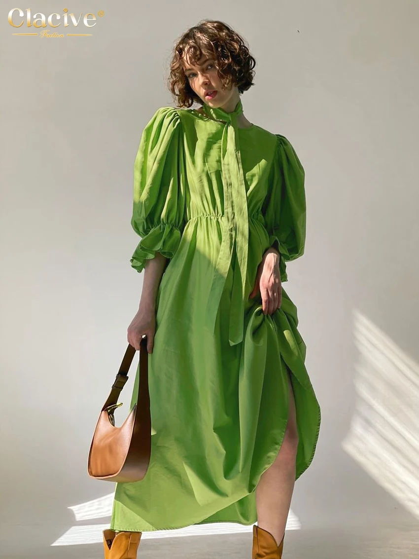 

Clacive Casual Loose Green Womens Dresses Summer O-Neck Half Sleeve Ankle Length Dress Elegant Lace-Up High Waist Female Dress