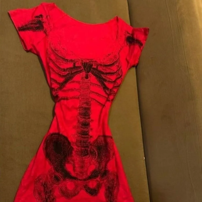 Harajuku Hottie Dress American Subculture Skeleton Print Short-sleeved Dresses Retro Street Gothic Women's Sexy Hip Wrap Skirt
