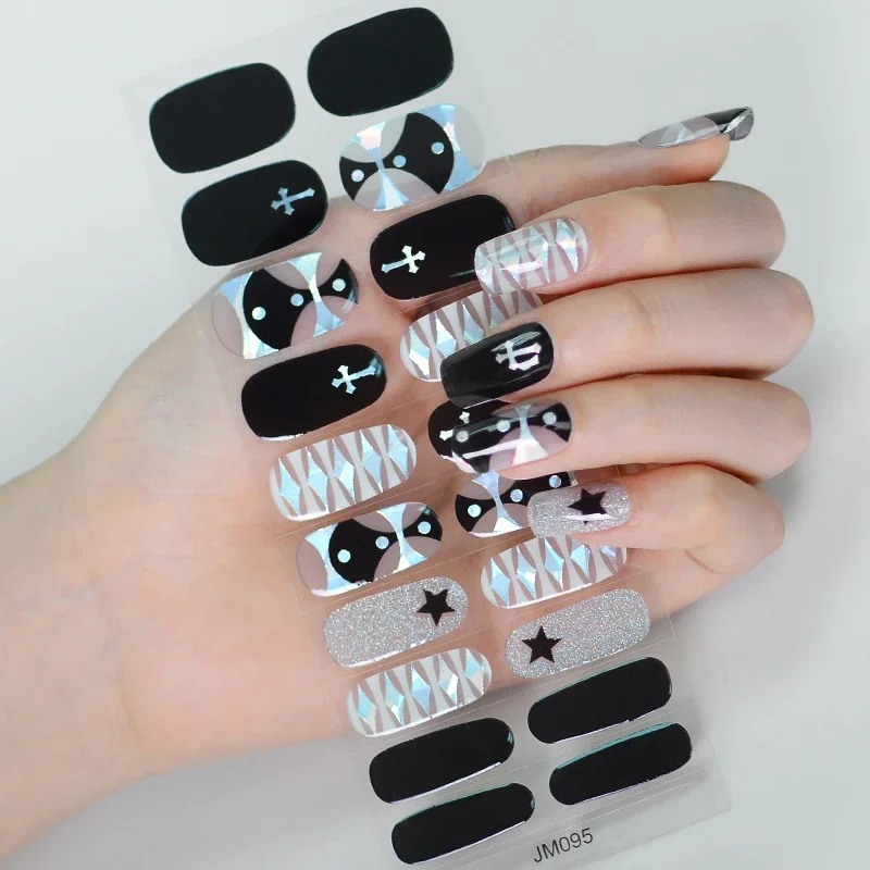 20Tips Semi-Cured Gel Nail Strips Long Lasting Star Full Cover UV Light Gel Cured Wraps Black Nail Art Decorations