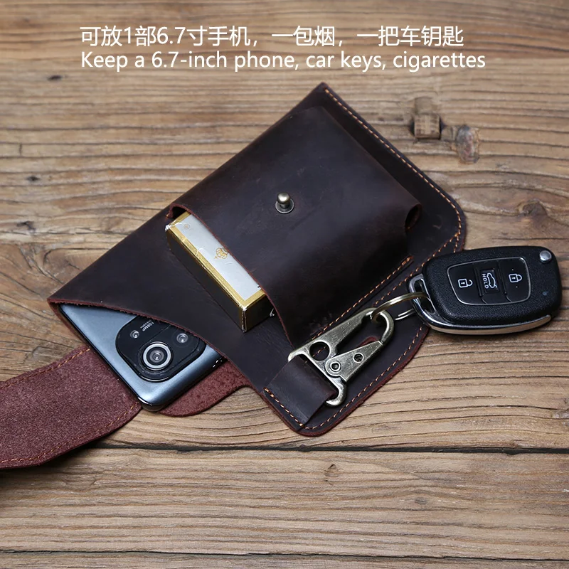 NZPJ Vintage Genuine Leather Men's Waist Bag Crazy Horse Mobile Phone Natural Cowhide Key Case Belt Bag For 6.7-inch Mobile