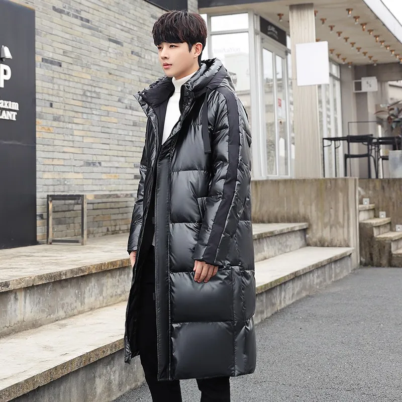 

Men Winter Down Jacket Long Parka Coat White Duck Down Coat Men Outwear Fashion Glossy Jacket Hooded Thick Warm Overcoat