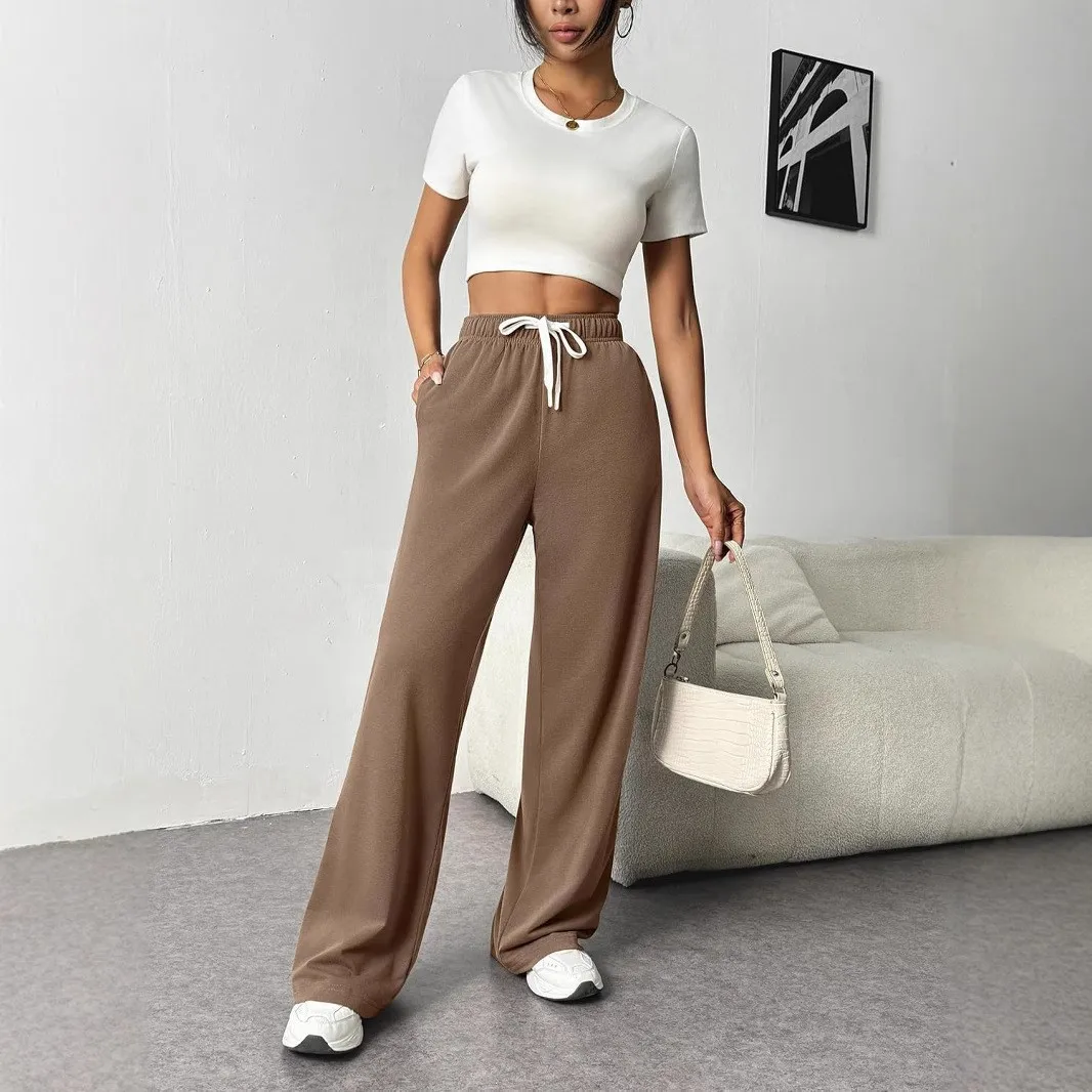 Lazy Style Wide Leg Pants with Women's Pockets Loose Drawstring Sports and Casual Floor Pants 3