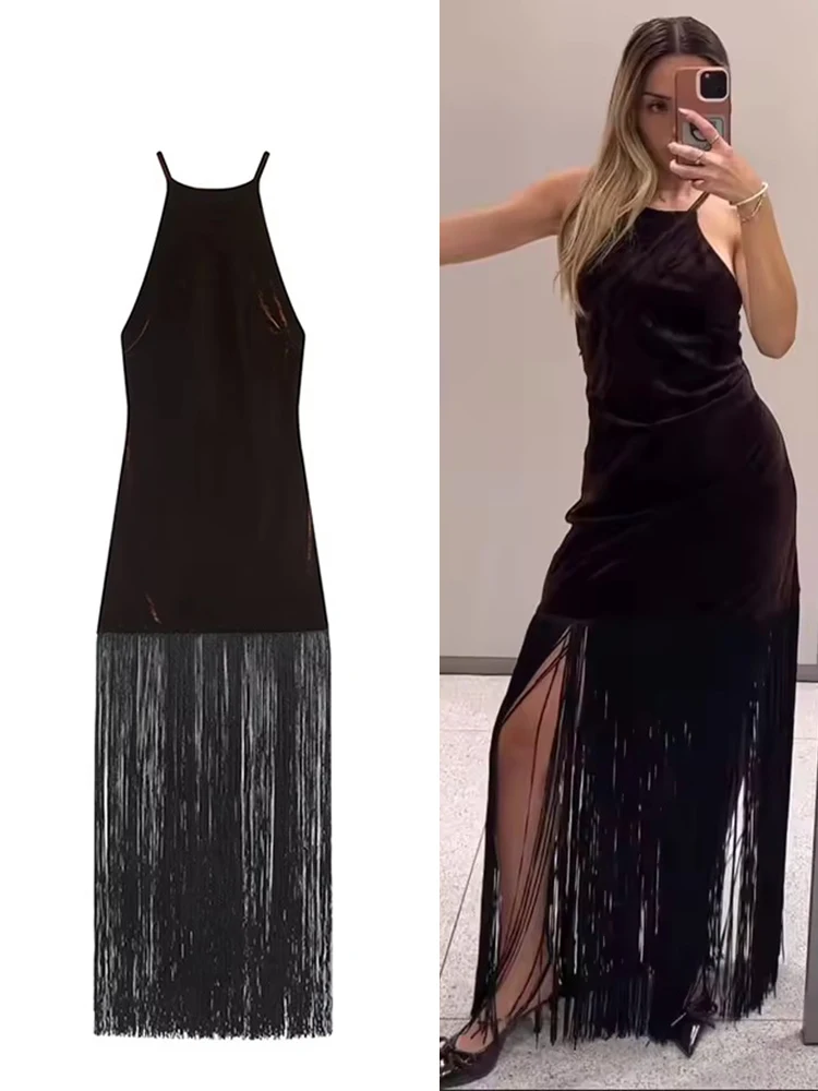 Chic Elegant Tassel Women Night Party Dresses for Women Velvet Halter Long Dress Fashion Summer New Backless Sexy Dress